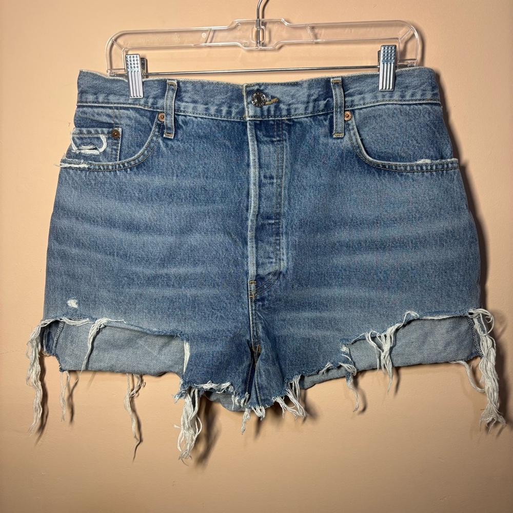 Re/Done Light Blue Distressed High-Rise Jean Shorts